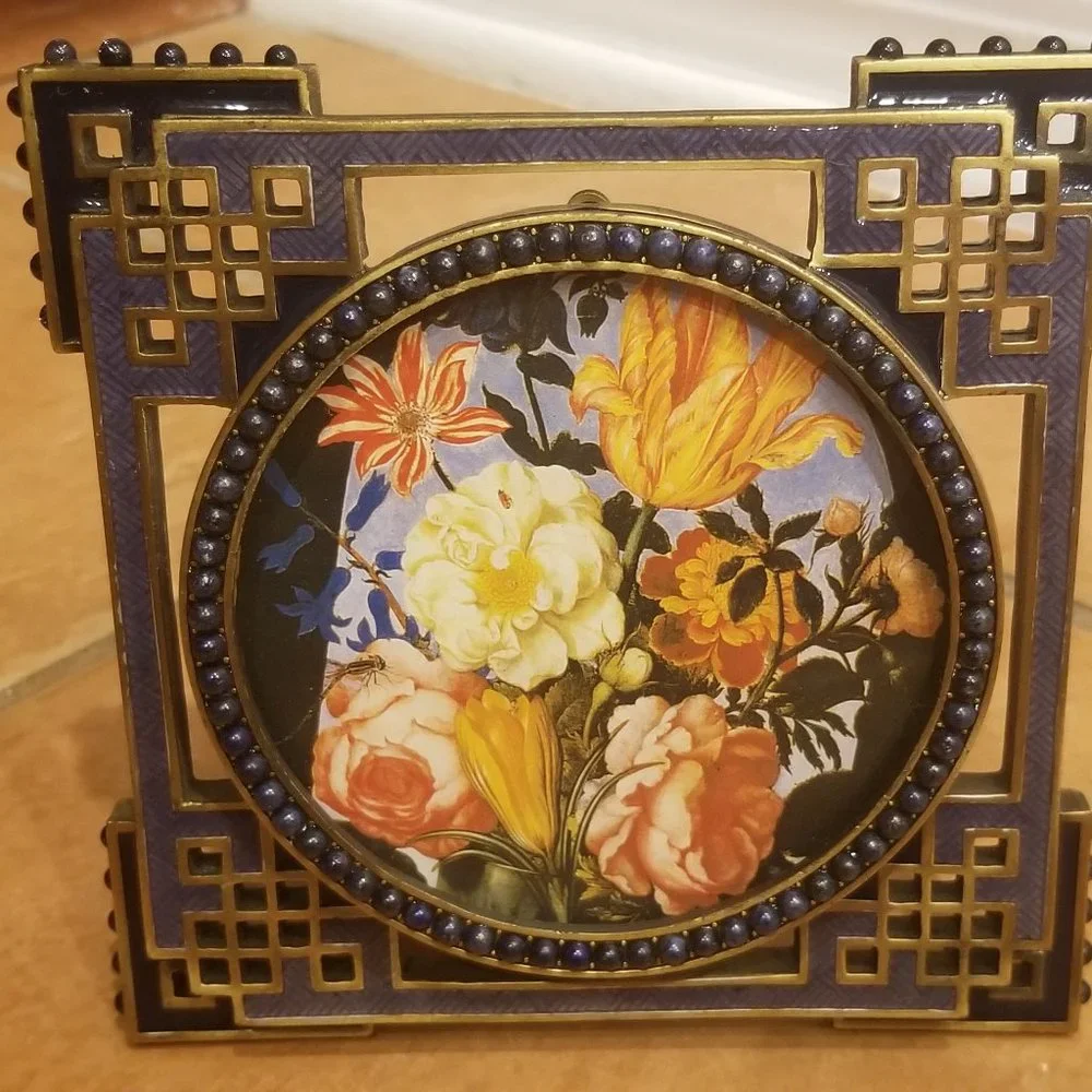 RARE JAY STRONGWATER CHINOISERIE DECO TAO FRETWORK CABOCHON STONE ENAMEL FRAME